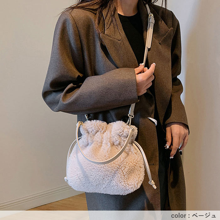 期間限定1596円クーポンで！ 巾着バッグ ショルダーバッグ レディース 秋 冬 黒 白 かわいい 斜めがけ モコモコ ふわふわ 2way シープボア [郵3]^ka-218^ | uricca | 13