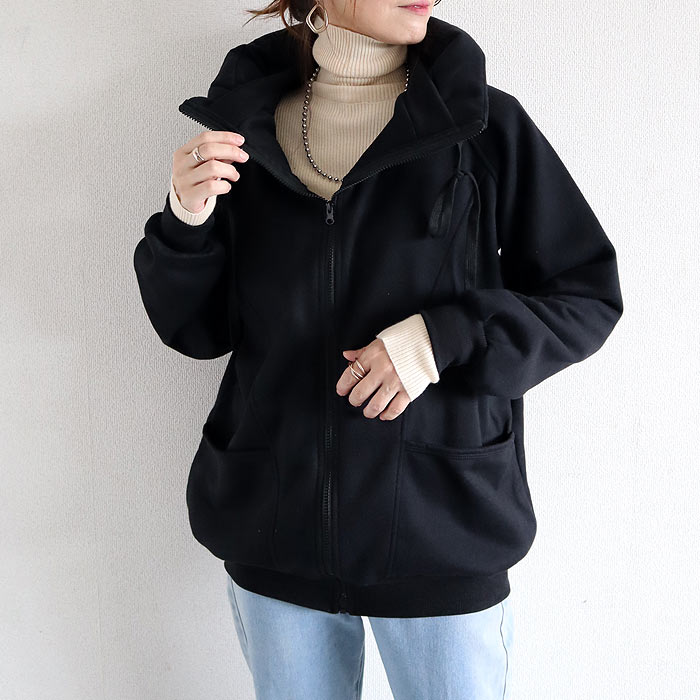 アウター レディース ジップパーカー 秋 冬 黒 おしゃれ 長袖 裏起毛 極暖 暖か ボリュームネック ハイネック タートルネック 羽織り^p053^ | uricca | 01