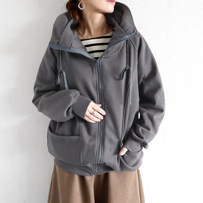 アウター レディース ジップパーカー 秋 冬 黒 おしゃれ 長袖 裏起毛 極暖 暖か ボリュームネック ハイネック タートルネック 羽織り^p053^ | uricca | 03