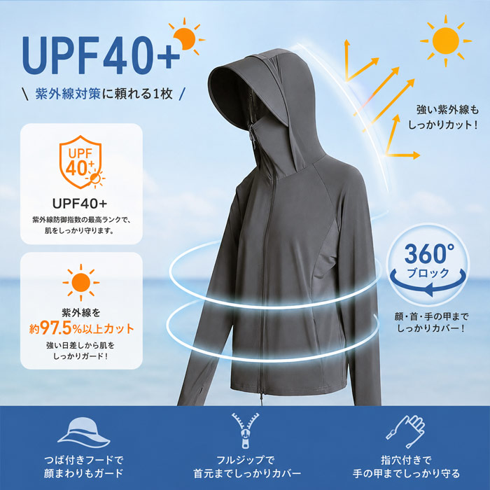 UVカット パーカー レディース 接触冷感 夏 羽織り アウター 軽量 マウンテンパーカー トップス フード付 長袖 UV対策 紫外線対策 プール 海 ^p054^ | uricca | 08