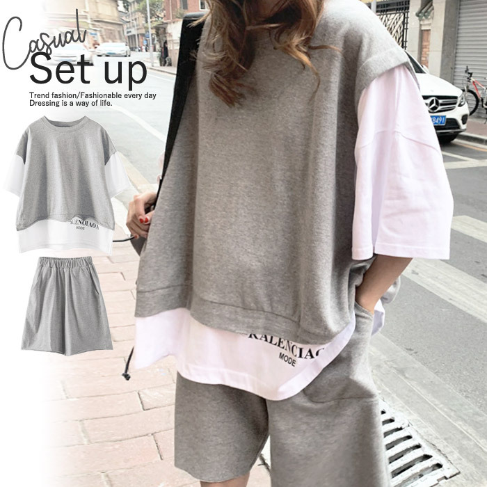 セットアップ 2点セット 春夏 半袖 ウエストゴム 定番スタイル ゆったり レディース Su065 送料無料 ロゴ スポーティー 体型カバー