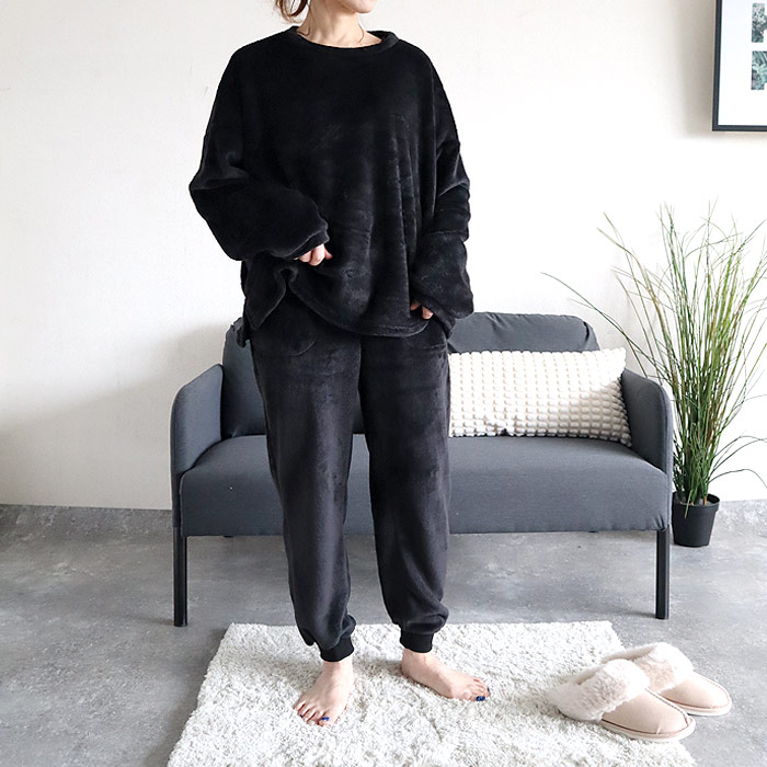 3832円 クーポンで！ フリース パジャマ ルームウェア 上下セット パンツ レディース 秋 冬 黒 長袖 おしゃれ かわいい 部屋着 長袖 ロング 腹巻 極暖 ^su083^ | uricca | 05