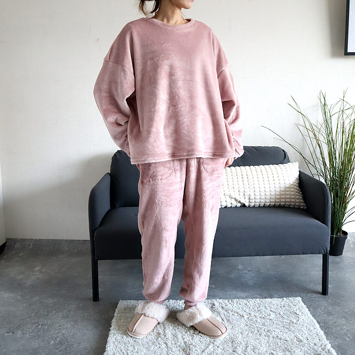 3832円 クーポンで！ フリース パジャマ ルームウェア 上下セット パンツ レディース 秋 冬 黒 長袖 おしゃれ かわいい 部屋着 長袖 ロング 腹巻 極暖 ^su083^ | uricca | 08