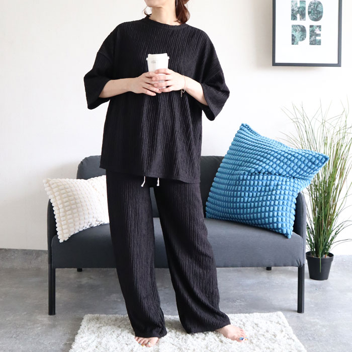 ルームウェア レディース パジャマ セットアップ 上下セット 2点セット プリーツ トップス 春 夏 秋 白 黒 おしゃれ [郵3]^su085^ | uricca | 01