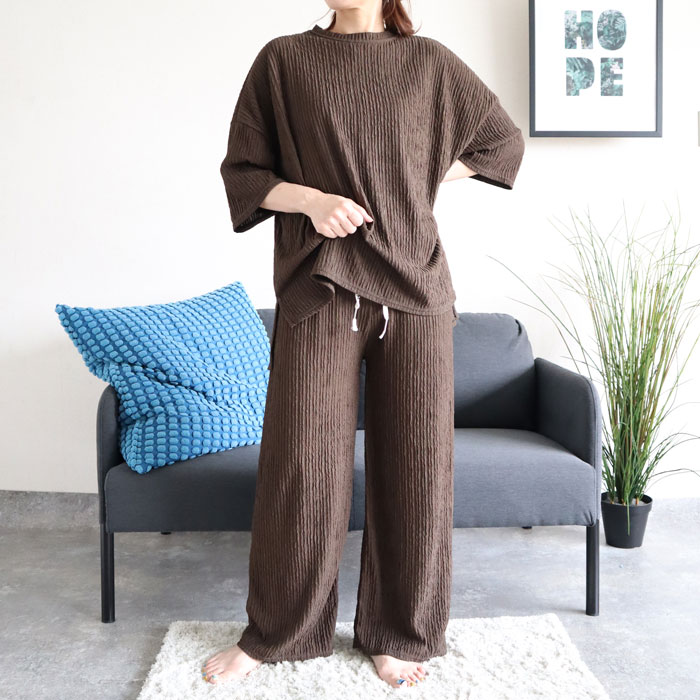 ルームウェア レディース パジャマ セットアップ 上下セット 2点セット プリーツ トップス 春 夏 秋 白 黒 おしゃれ [郵3]^su085^ | uricca | 03