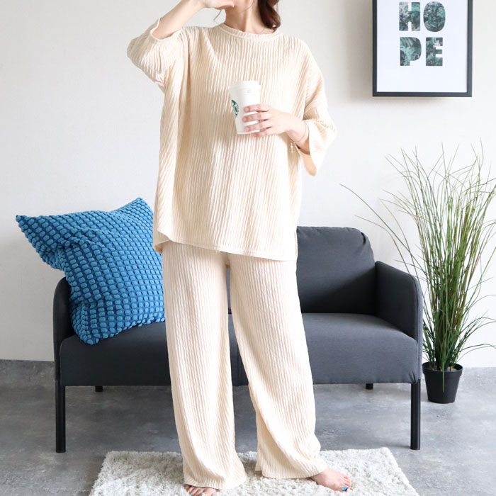 ルームウェア レディース パジャマ セットアップ 上下セット 2点セット プリーツ トップス 春 夏 秋 白 黒 おしゃれ [郵3]^su085^ | uricca | 05