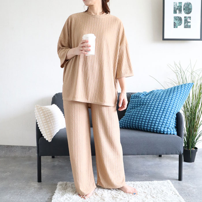 ルームウェア レディース パジャマ セットアップ 上下セット 2点セット プリーツ トップス 春 夏 秋 白 黒 おしゃれ [郵3]^su085^ | uricca | 04