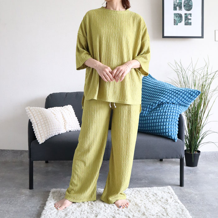 ルームウェア レディース パジャマ セットアップ 上下セット 2点セット プリーツ トップス 春 夏 秋 白 黒 おしゃれ [郵3]^su085^ | uricca | 06