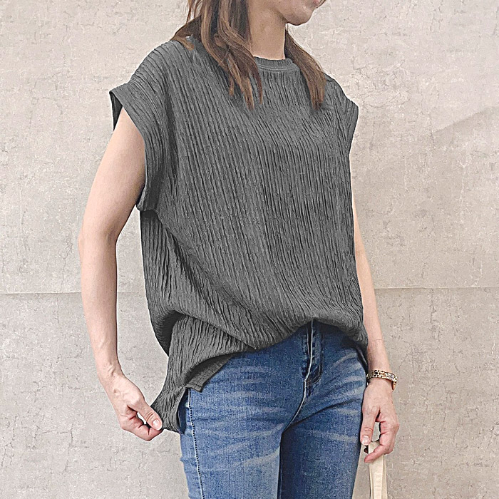 Tシャツ レディース トップス 春 夏 白 黒 おしゃれ ノースリーブ フレンチスリーブ エンボス [郵1.5]^t1004^WF | uricca | 11