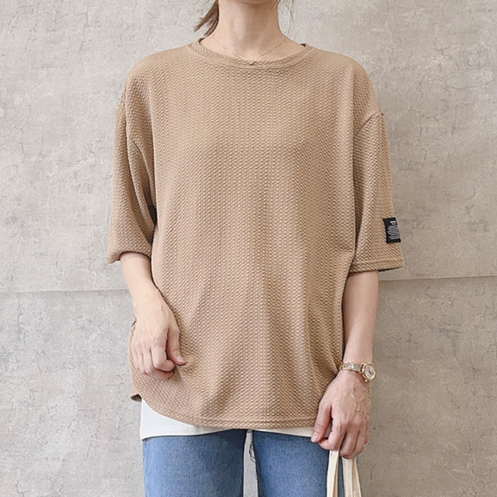 Tシャツ レディース 春 夏 半袖 黒 白 おしゃれ エンボス ロゴ 無地 5分袖 トップス ステッチ付き [郵3]^t1016^WF | uricca | 05