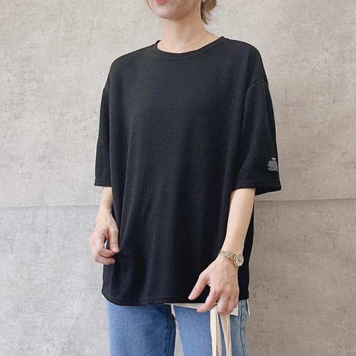 Tシャツ レディース 春 夏 半袖 黒 白 おしゃれ エンボス ロゴ 無地 5分袖 トップス ステッチ付き [郵3]^t1016^WF | uricca | 01