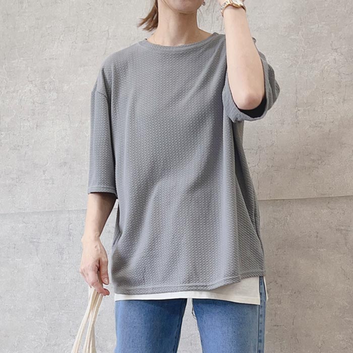 Tシャツ レディース 春 夏 半袖 黒 白 おしゃれ エンボス ロゴ 無地 5分袖 トップス ステッチ付き [郵3]^t1016^WF | uricca | 11