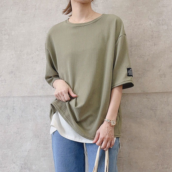 Tシャツ レディース 春 夏 半袖 黒 白 おしゃれ エンボス ロゴ 無地 5分袖 トップス ステッチ付き [郵3]^t1016^WF | uricca | 08
