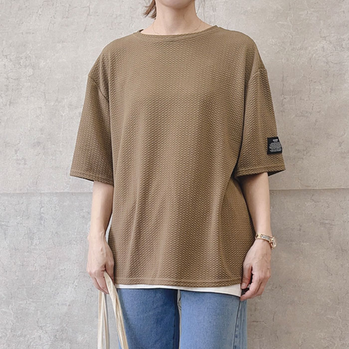 Tシャツ レディース 春 夏 半袖 黒 白 おしゃれ エンボス ロゴ 無地 5分袖 トップス ステッチ付き [郵3]^t1016^WF | uricca | 02