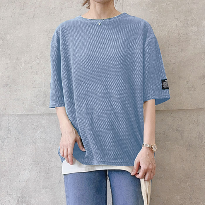 Tシャツ レディース 春 夏 半袖 黒 白 おしゃれ エンボス ロゴ 無地 5分袖 トップス ステッチ付き [郵3]^t1016^WF | uricca | 09