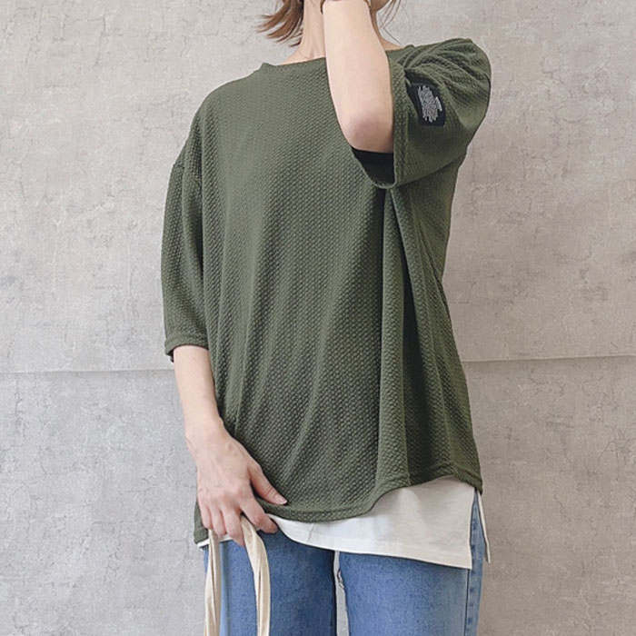 Tシャツ レディース 春 夏 半袖 黒 白 おしゃれ エンボス ロゴ 無地 5分袖 トップス ステッチ付き [郵3]^t1016^WF | uricca | 03