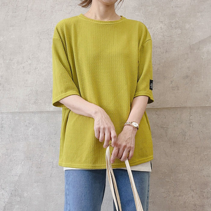 Tシャツ レディース 春 夏 半袖 黒 白 おしゃれ エンボス ロゴ 無地 5分袖 トップス ステッチ付き [郵3]^t1016^WF | uricca | 10