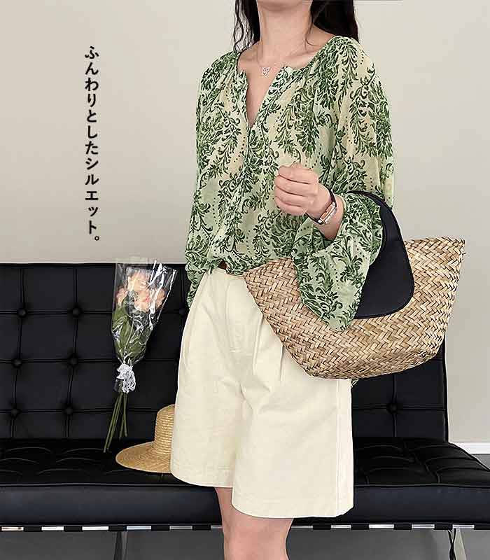 ブラウス シャツ レディース トップス 長袖 夏 黒 白 おしゃれ シアー 柄 カットソー [郵2]^t1043^ | uricca | 01