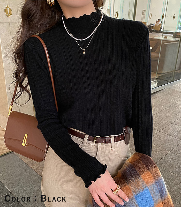 ニット トップス セーター メロウ レディース 秋 冬 黒 白 おしゃれ インナー フリル ハイネック タートルネック 極暖 [郵2]^t1076^ | uricca | 15