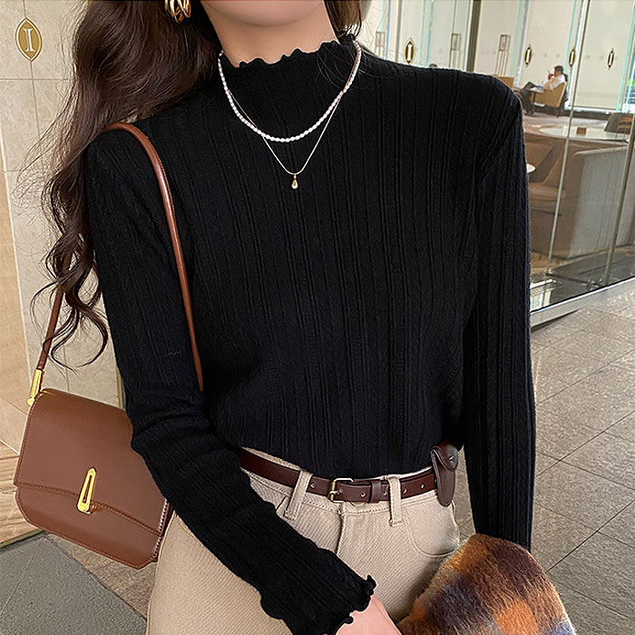 ニット トップス セーター メロウ レディース 秋 冬 黒 白 おしゃれ インナー フリル ハイネック タートルネック 極暖 [郵2]^t1076^ | uricca | 01