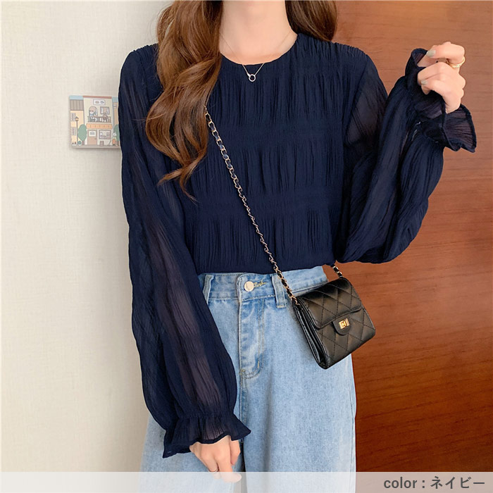 ブラウス レディース トップス シフォン シアー 春 秋 冬 黒 白 長袖 おしゃれ かわいい ギャザー カットソー[郵1.5]^t1081^ | uricca | 17