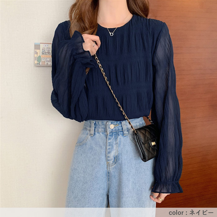 ブラウス レディース トップス シフォン シアー 春 秋 冬 黒 白 長袖 おしゃれ かわいい ギャザー カットソー[郵1.5]^t1081^ | uricca | 18