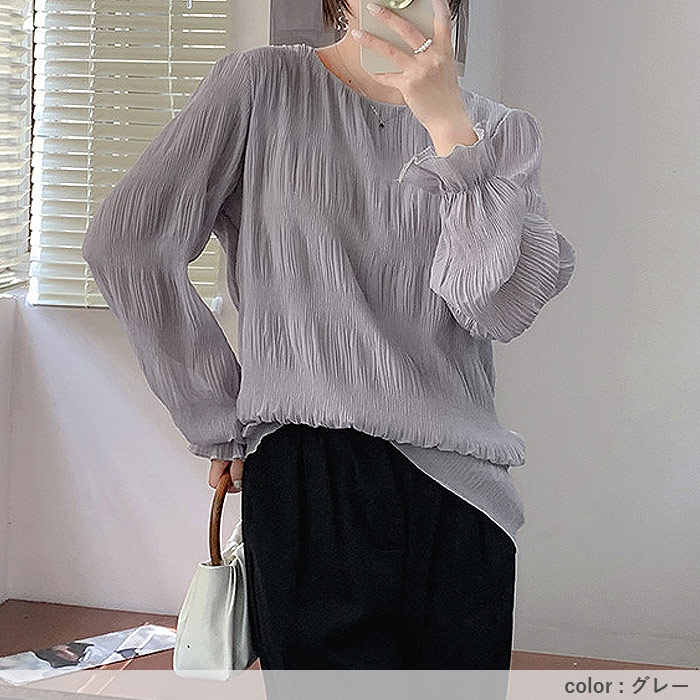 ブラウス レディース トップス シフォン シアー 春 秋 冬 黒 白 長袖 おしゃれ かわいい ギャザー カットソー[郵1.5]^t1081^ | uricca | 19