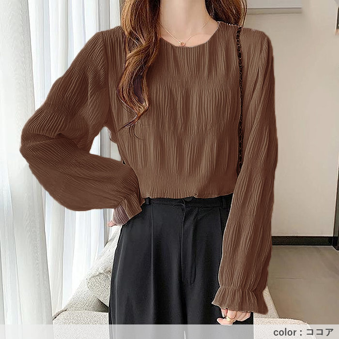 ブラウス レディース トップス シフォン シアー 春 秋 冬 黒 白 長袖 おしゃれ かわいい ギャザー カットソー[郵1.5]^t1081^ | uricca | 21