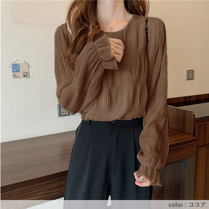 ブラウス レディース トップス シフォン シアー 春 秋 冬 黒 白 長袖 おしゃれ かわいい ギャザー カットソー[郵1.5]^t1081^ | uricca | 22