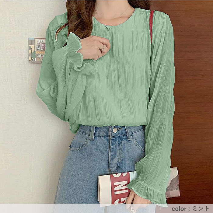 ブラウス レディース トップス シフォン シアー 春 秋 冬 黒 白 長袖 おしゃれ かわいい ギャザー カットソー[郵1.5]^t1081^ | uricca | 23