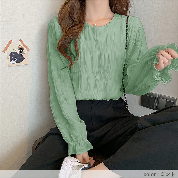 ブラウス レディース トップス シフォン シアー 春 秋 冬 黒 白 長袖 おしゃれ かわいい ギャザー カットソー[郵1.5]^t1081^ | uricca | 24