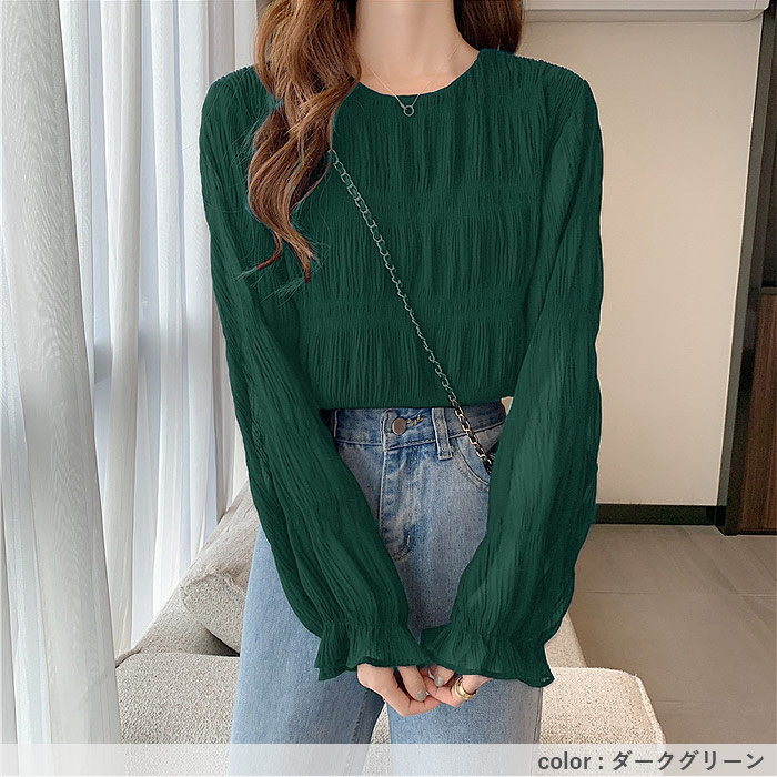 ブラウス レディース トップス シフォン シアー 春 秋 冬 黒 白 長袖 おしゃれ かわいい ギャザー カットソー[郵1.5]^t1081^ | uricca | 25