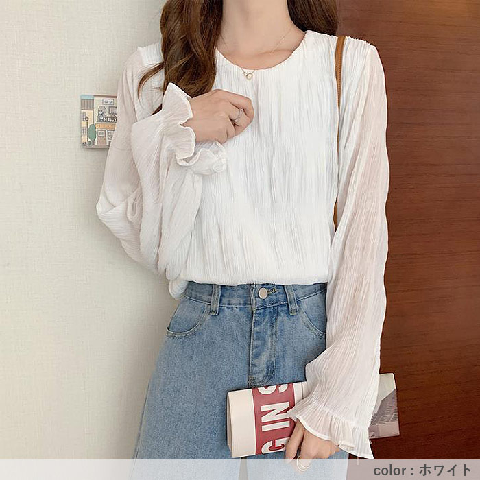 ブラウス レディース トップス シフォン シアー 春 秋 冬 黒 白 長袖 おしゃれ かわいい ギャザー カットソー[郵1.5]^t1081^ | uricca | 13