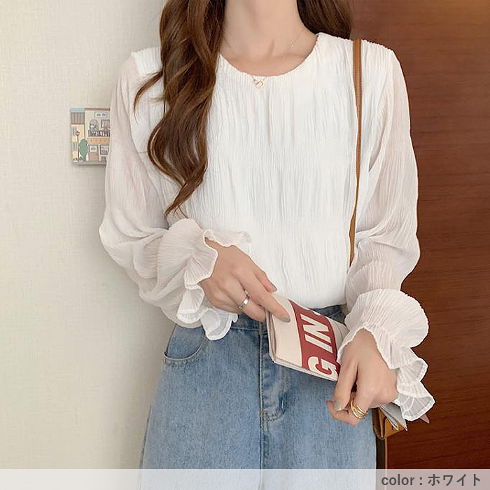 ブラウス レディース トップス シフォン シアー 春 秋 冬 黒 白 長袖 おしゃれ かわいい ギャザー カットソー[郵1.5]^t1081^ | uricca | 14