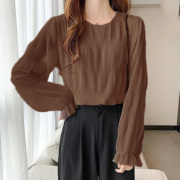 ブラウス レディース トップス シフォン シアー 春 秋 冬 黒 白 長袖 おしゃれ かわいい ギャザー カットソー[郵1.5]^t1081^ | uricca | 06