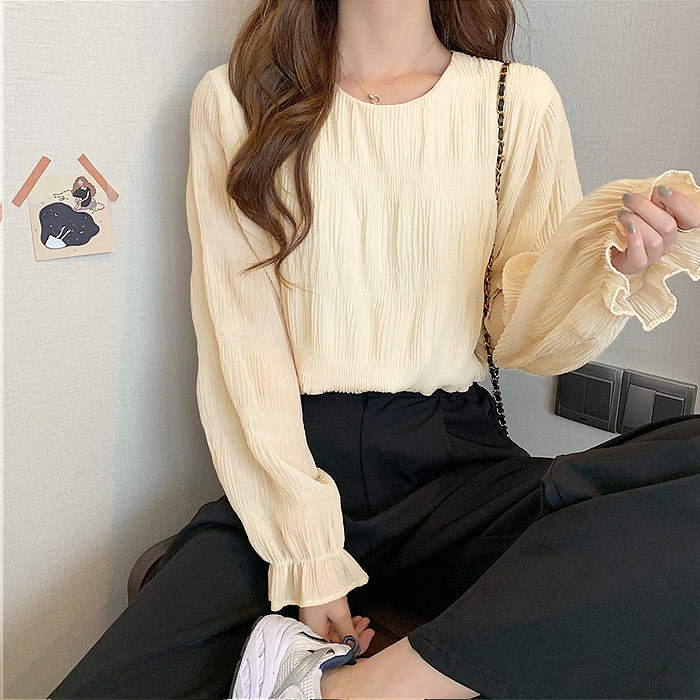 ブラウス レディース トップス シフォン シアー 春 秋 冬 黒 白 長袖 おしゃれ かわいい ギャザー カットソー[郵1.5]^t1081^ | uricca | 03