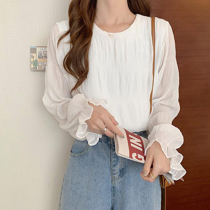 ブラウス レディース トップス シフォン シアー 春 秋 冬 黒 白 長袖 おしゃれ かわいい ギャザー カットソー[郵1.5]^t1081^ | uricca | 02