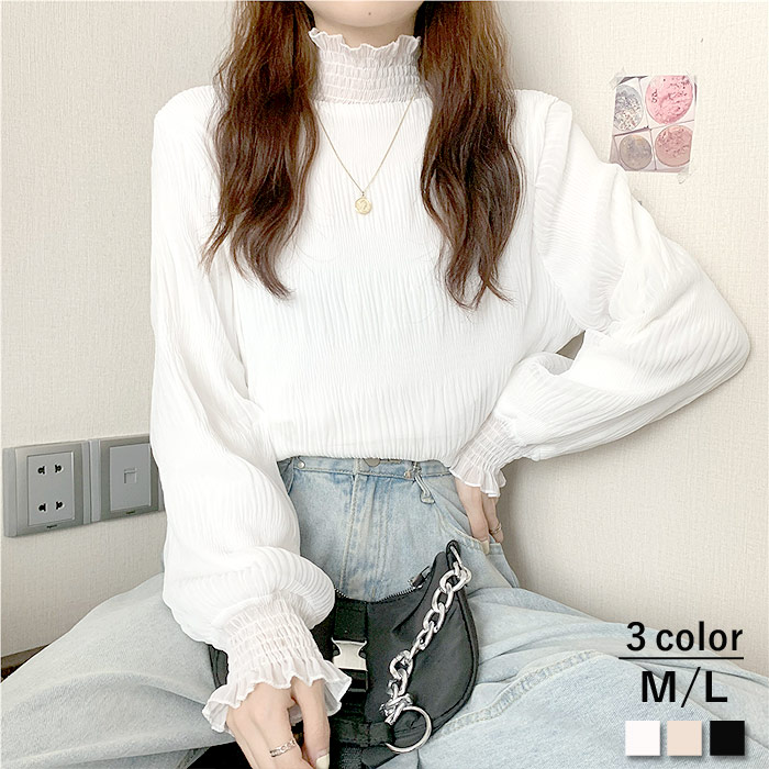 ブラウス レディース 長袖 シフォン シアー 春 秋 冬 黒 白 おしゃれ かわいい ハイネック ギャザー カットソー[郵1.5]^t1082^ | uricca