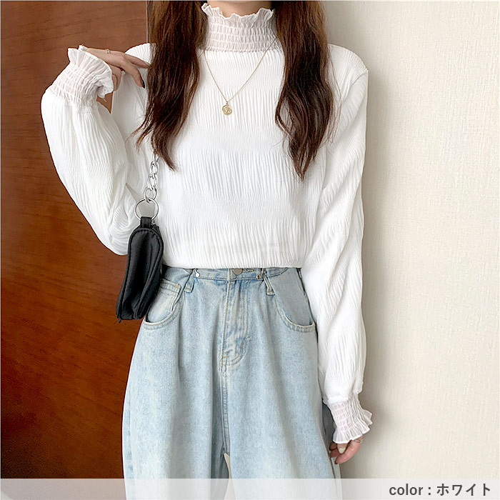 ブラウス レディース 長袖 シフォン シアー 春 秋 冬 黒 白 おしゃれ かわいい ハイネック ギャザー カットソー[郵1.5]^t1082^ | uricca | 12