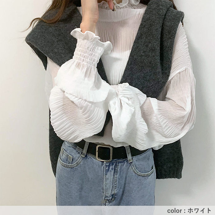 ブラウス レディース 長袖 シフォン シアー 春 秋 冬 黒 白 おしゃれ かわいい ハイネック ギャザー カットソー[郵1.5]^t1082^ | uricca | 13