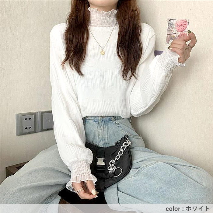 ブラウス レディース 長袖 シフォン シアー 春 秋 冬 黒 白 おしゃれ かわいい ハイネック ギャザー カットソー[郵1.5]^t1082^ | uricca | 11