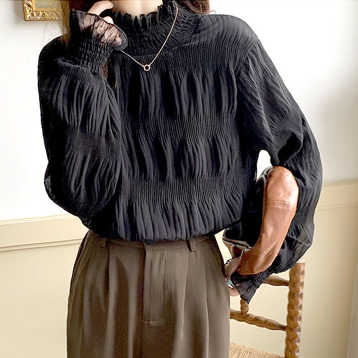 ブラウス レディース 長袖 シフォン シアー 春 秋 冬 黒 白 おしゃれ かわいい ハイネック ギャザー カットソー[郵1.5]^t1082^ | uricca | 01