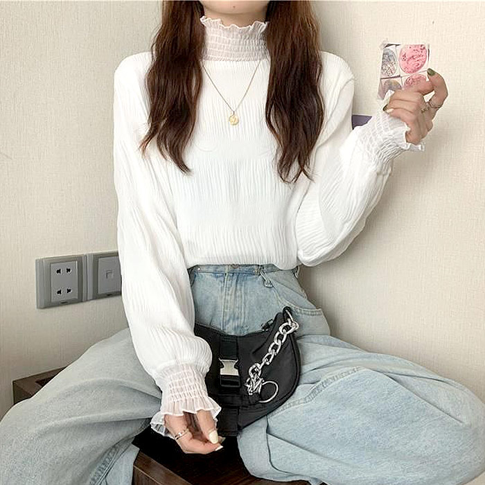 ブラウス レディース 長袖 シフォン シアー 春 秋 冬 黒 白 おしゃれ かわいい ハイネック ギャザー カットソー[郵1.5]^t1082^ | uricca | 02