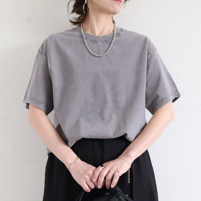 20％OFFクーポン配布 トップス レディース Tシャツ ウォッシュ加工 春 夏 黒 おしゃれ 無地 半袖 綿 綿100％ コットン シンプル[郵2]^t1084^ | uricca | 02