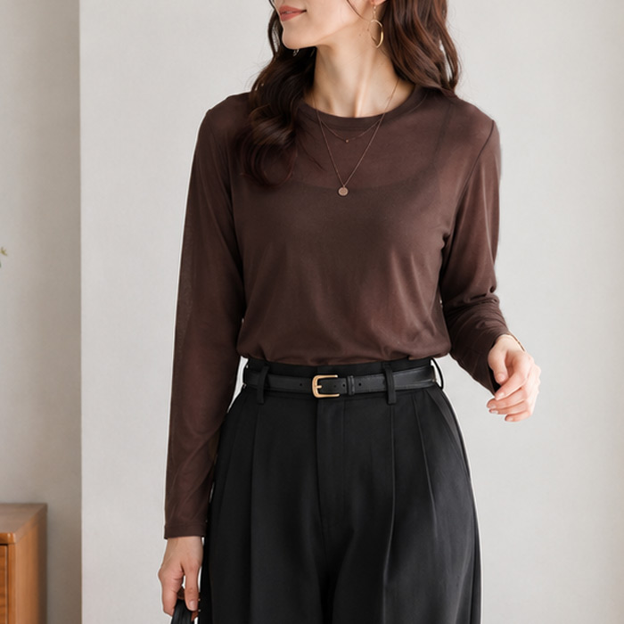 シアートップス シースルー Tシャツ メロウ レディース 春 夏 白 黒 Uネック ハイネック 薄手 長袖 UVカット [郵1]^t1006+t1086^ | uricca | 15