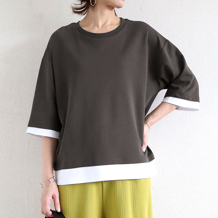 カットソー レディース Tシャツ 半袖 トップス 春 夏 黒 おしゃれ かわいい 30代 40代 50代 無地 七分袖 重ね着風 [郵2]^t1088^爆買 | uricca | 02