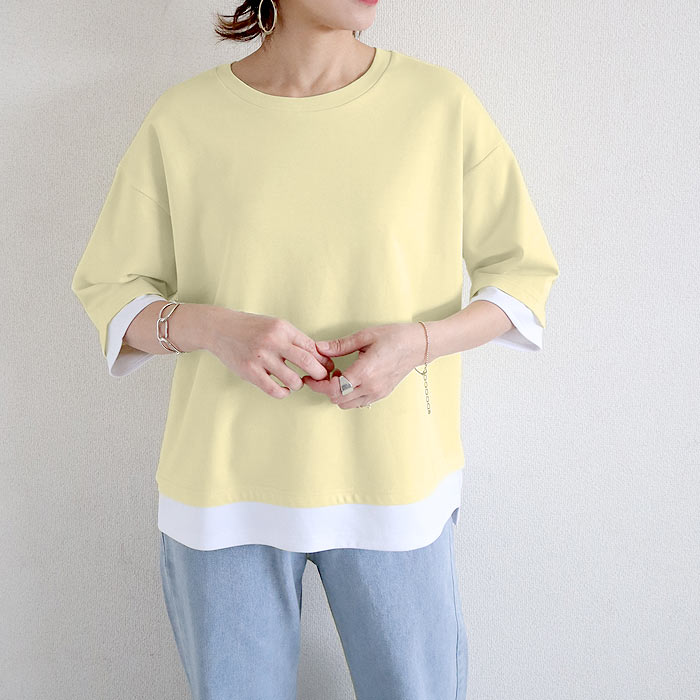 カットソー レディース Tシャツ 半袖 トップス 春 夏 黒 おしゃれ かわいい 30代 40代 50代 無地 七分袖 重ね着風 [郵2]^t1088^爆買 | uricca | 04