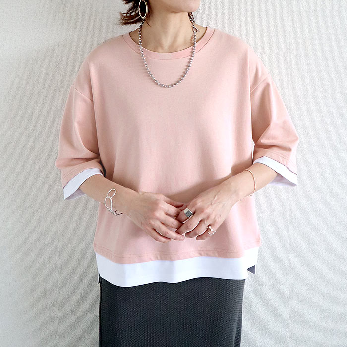 カットソー レディース Tシャツ 半袖 トップス 春 夏 黒 おしゃれ かわいい 30代 40代 50代 無地 七分袖 重ね着風 [郵2]^t1088^爆買 | uricca | 05