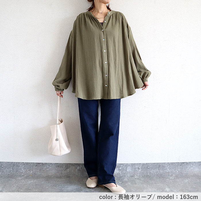 シャツ ブラウス トップス レディース 秋 冬 黒 白 おしゃれ かわいい 30代 40代 50代 長袖 ノーカラー 綿100 コットン [郵2]^t1089^ | uricca | 17