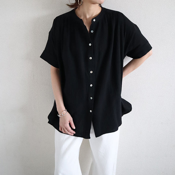 シャツ ブラウス トップス レディース 春 夏 黒 白 おしゃれ かわいい 30代 40代 50代 綿100 コットン 5分袖 ダブル ガーゼ ^t1089^ | uricca | 02